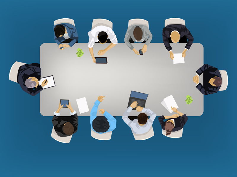 Business meeting concept illustration in an aerial view with people sitting around a conference table