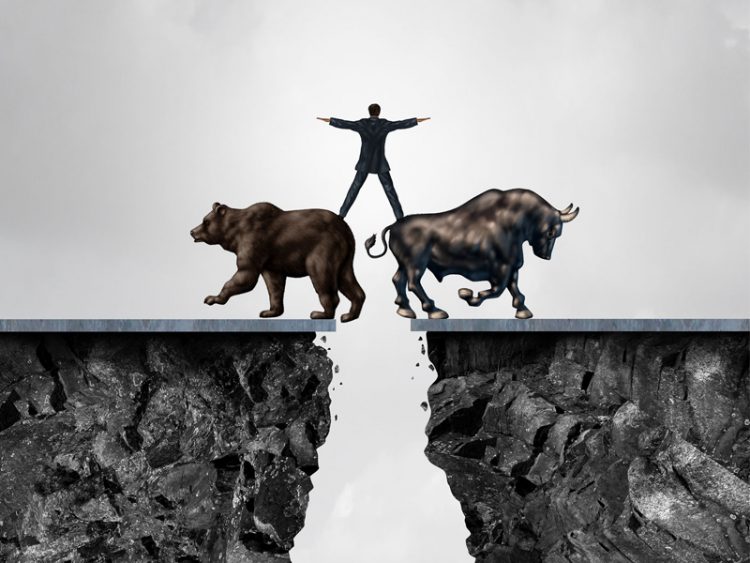 Businessman balancing bear bull financial managing stock market illustration