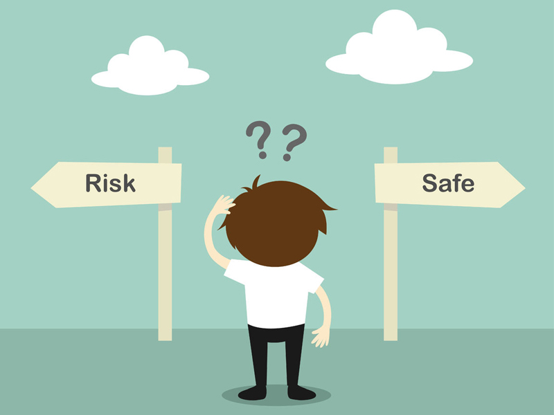 Businessman confused about two direction, between risk or safe vector illustration