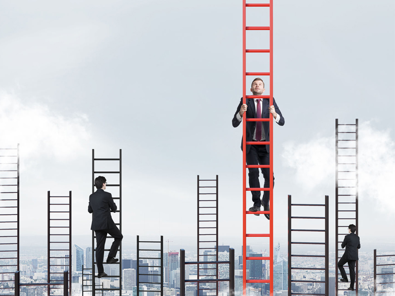Businessmen climbing corporate ladders new job appointment notice