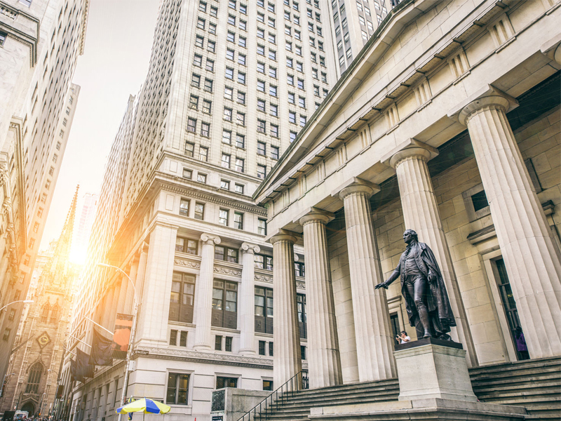 Federal Hall with Washington Statue on the front, wall street, Manhattan, New York City
