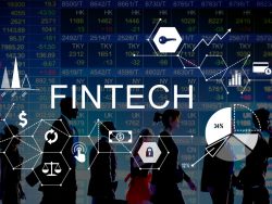 Fintech Investment abstract concept with business people on stock market background