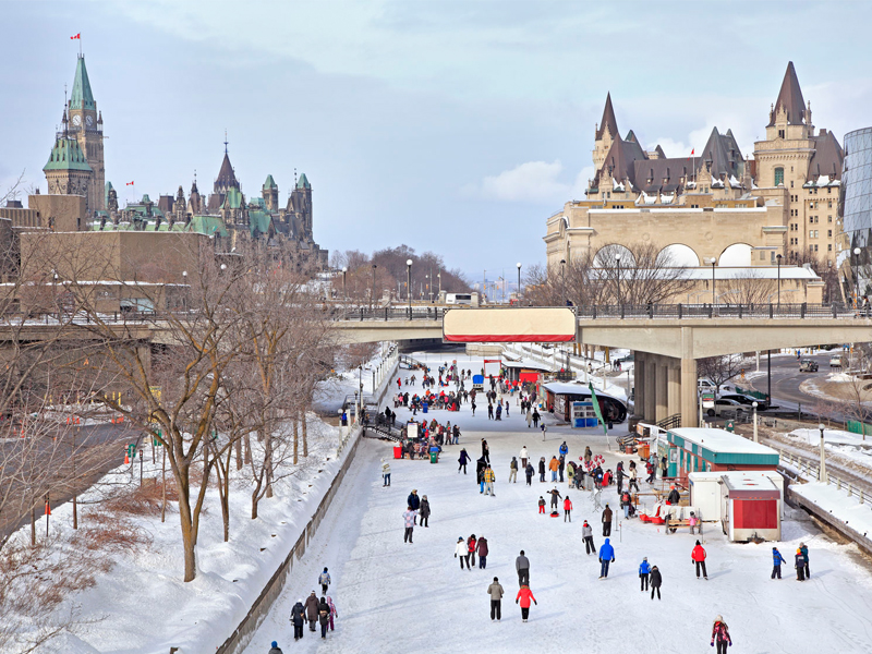 Rideau Canal skating rink, Parliament of Canada in winter