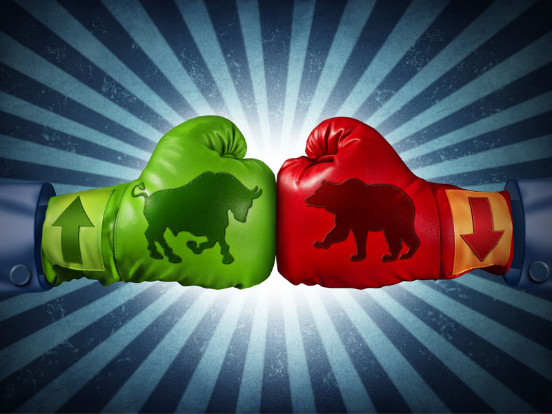 Stock market two boxing gloves with arrows with bull and bear