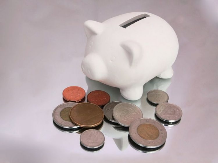 white piggy bank with change canadian scattered around
