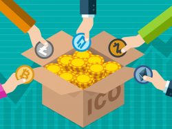Many hands choosing cryptocurrency coins from box labeled ICO