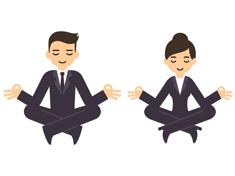 cartoon businessman and woman in formal suits meditating