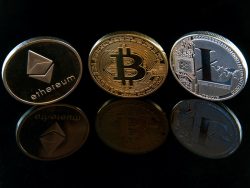 bitcoin ethereum litecoin concept coins on black
