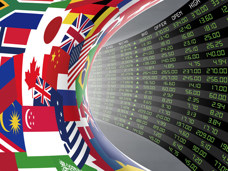 Flags of main countries of the world with display of stock market quotations