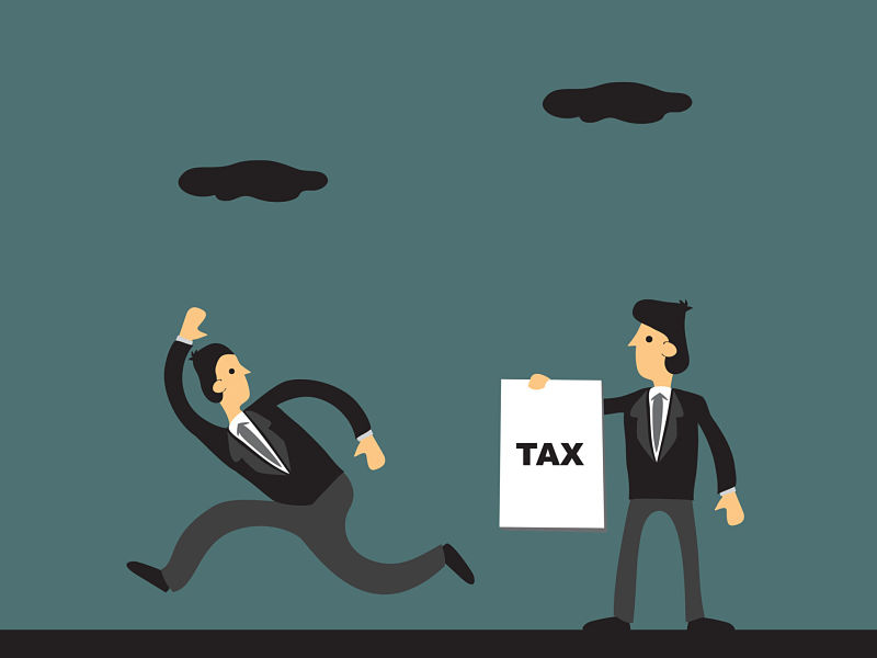 Cartoon businessman running away from tax collector. Vector illustration on tax evasion concept.