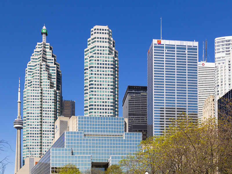 TD, CIBC, BMO and other skyscrapers in Toronto in spring