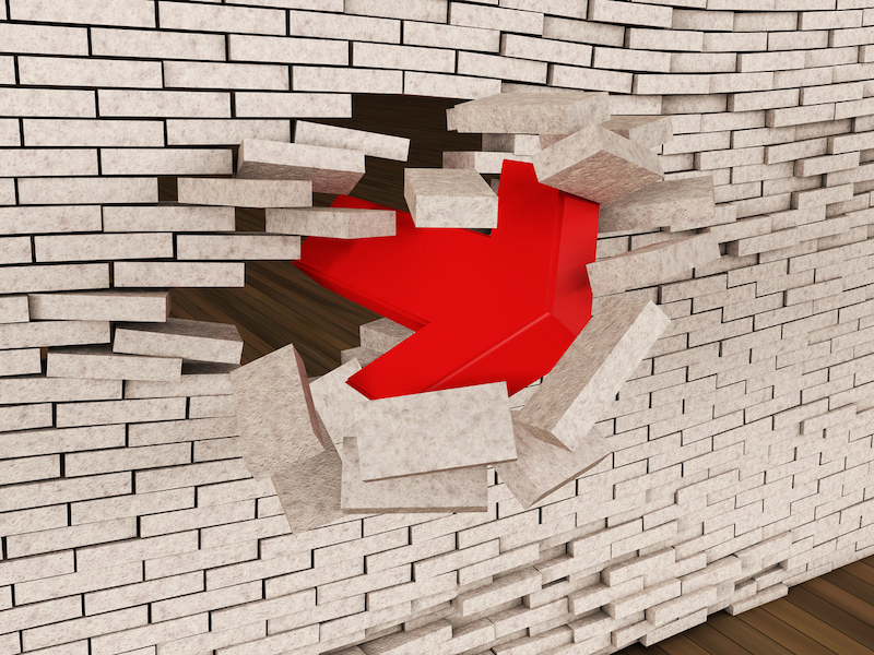 A three-dimensional composition, a red arrow, breaks through the brick wall and can be used in any design