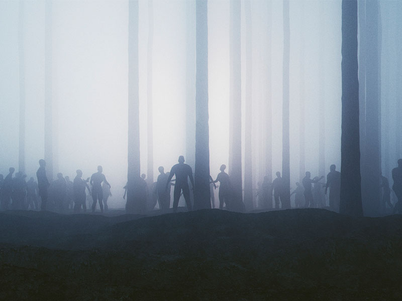 Zombie hordes in the forest at night