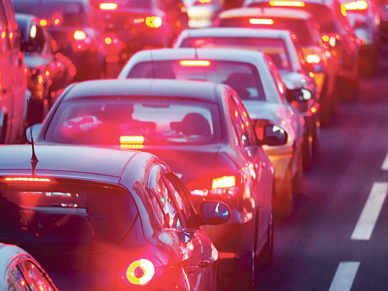 Rear view of traffic jam with breaklights showing