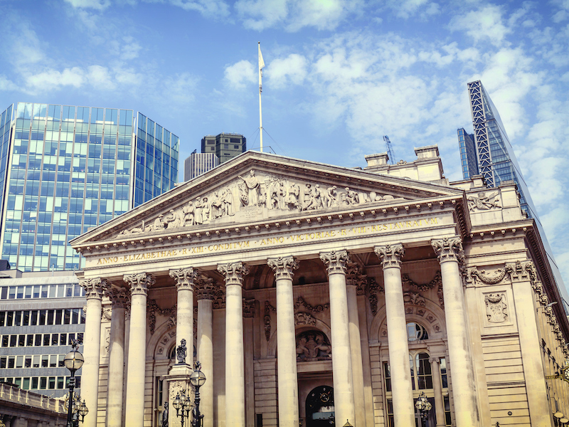 The facade of the Royal Exchange in the City of London