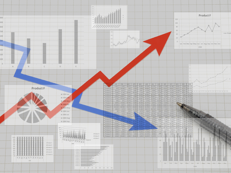 Business chart with rising arrow and falling arrow