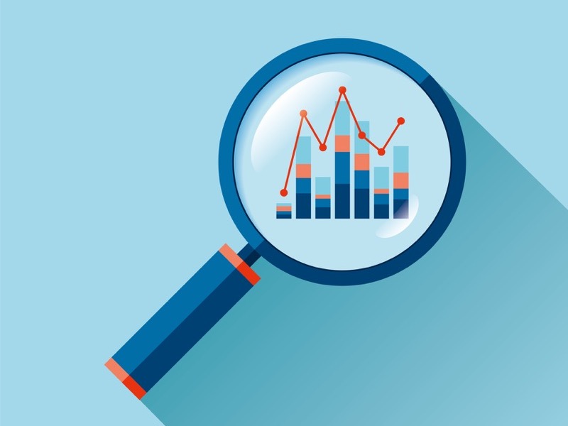 Magnifying glass icon in flat style. Search loupe on color background. Business analytic charts illustration. Vector design object for you project