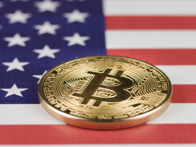 United States flag with Bitcoin cryptocurrency