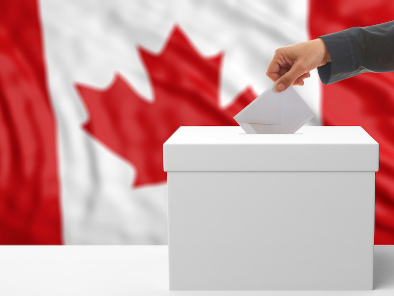 Voter on a Canada flag background.