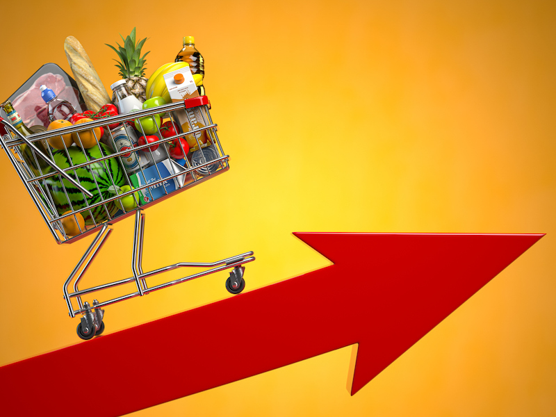 Inflation, growth of food sales, growth of market basket or consumer price index concept. Shopping basket with foods on arrow.
