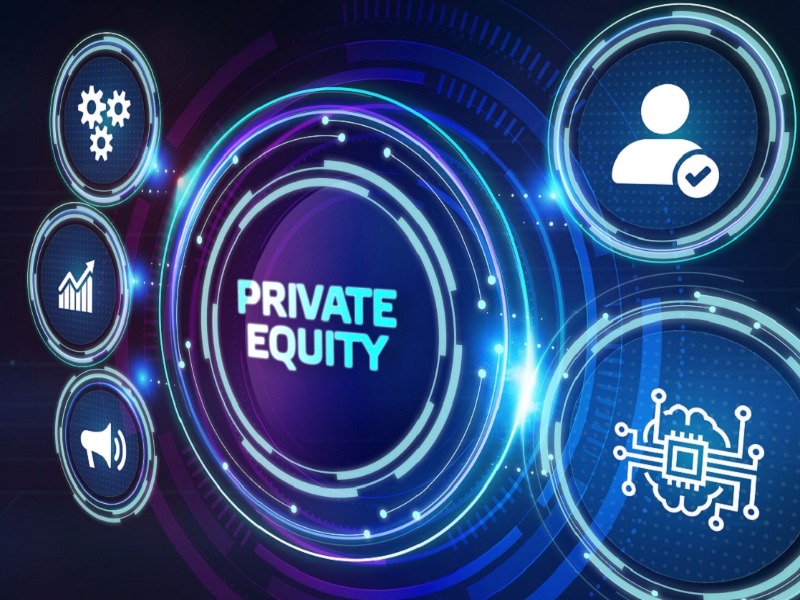 A futuristic display that illustrates the connection between private equity and other icons.