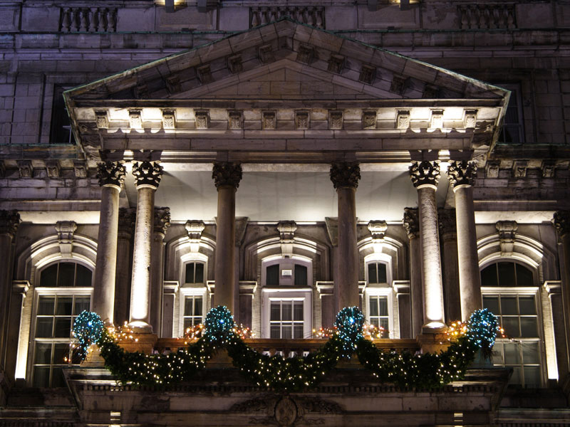 Montreal city hall at night during the holidays