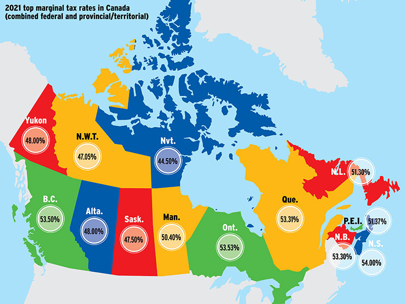 map 2021 top marginal tax rates in Canada