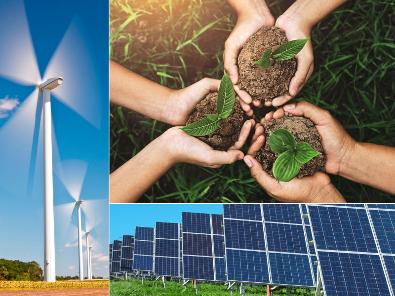 A collage featuring three images: wind turbines, three pairs of hands holding soil and plants, a row of solar panels.