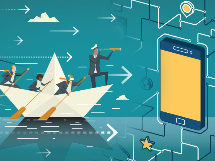 Business team navigating towards a mobile phone