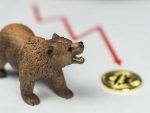 Photo of bear and bitcoin coin and red graph presenting sell signal on market