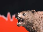 Stock market crash with red chart in background and bear in front. Bearish market trend concept.