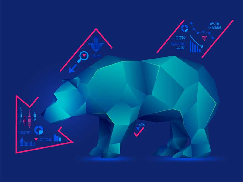 Concept of bearish in stock market exchange, graphic of low poly bear with decreasing graph