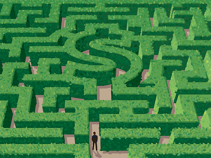 A person inside a financial maze made out of hedges.