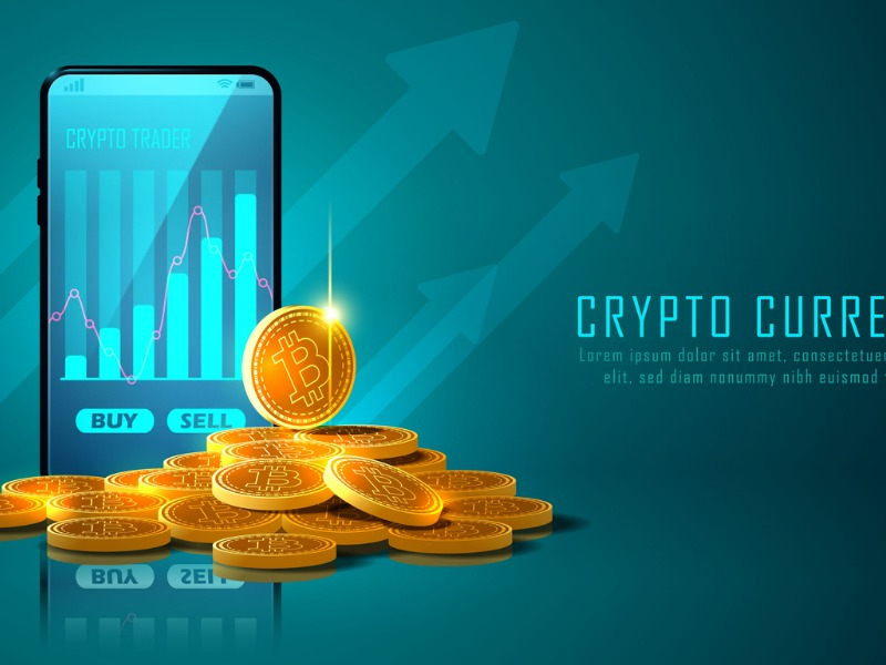 Bitcoin cryptocurrency with a pile of coins and smartphone, Vector illustrator