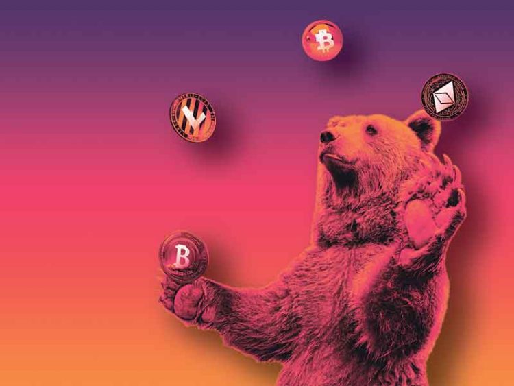 Bear juggling various crypto coin symbols