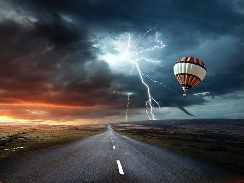 Hot air balloon in very stormy weather
