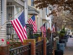 Kensington Brooklyn Houses with American Flags stock photo