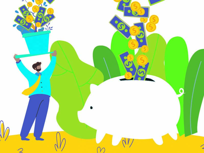 Illustration of a man with a potted plant representing investments and revenue falling into a piggy bank.