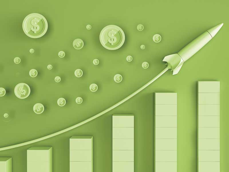 Illustration of rocket followed by coins on top of a chart of increasing earnings