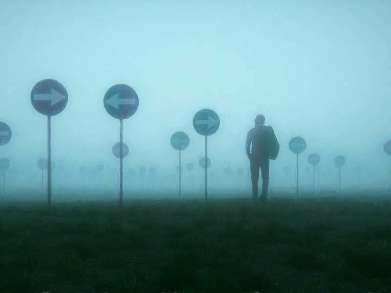Man entering a foggy landscape with directional signs leading in every direction. Symbol of uncertainty.