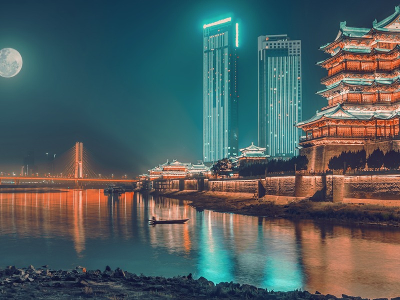 The Mid-autumn Festival ,Pavilion of Prince Teng and the brige across to Yangtze River under the moon at night stock photo