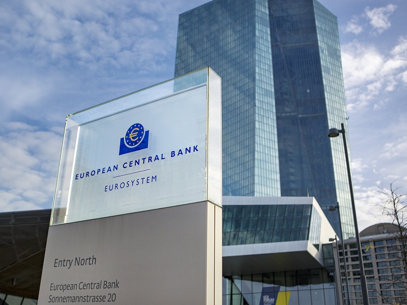 Frankfurt, Germany - November 09, 2020: European Central Bank ECB, EZB headquarters at Eastend Frankfurt, Germany. The European Central Bank (ECB) is the central bank of the Eurozone. Close-up of the logo in front of the building.