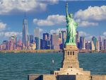 New York City Skyline Statue of Liberty stock photo