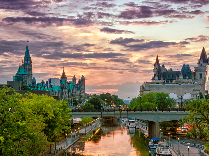 Rideau Canal in Ottawa with view of Parliament buildings