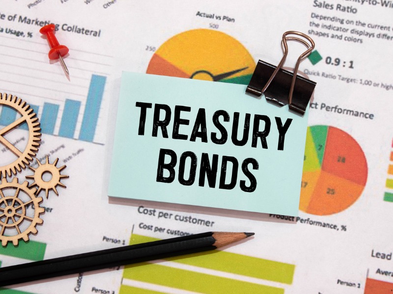 Papers with text, treasury bonds on a table, business concept. stock photo