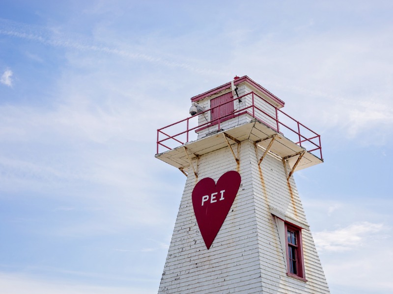 A lighthouse at Marine Rail Park welcomes travelers to Prince Edward Island, at Borden-Carlton