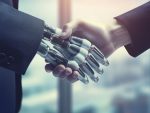 Handshake between robot and human, AI generated image
