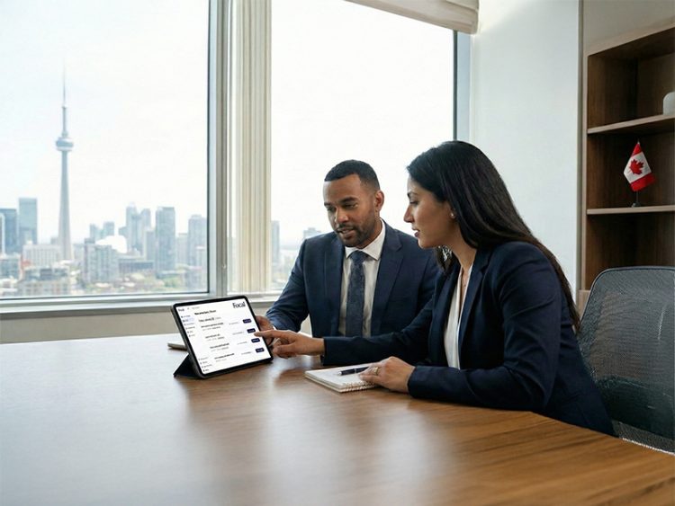 Two people using a tablet with the Focal software interface in an office setting with a view of the Toronto skyline, including the CN Tower.