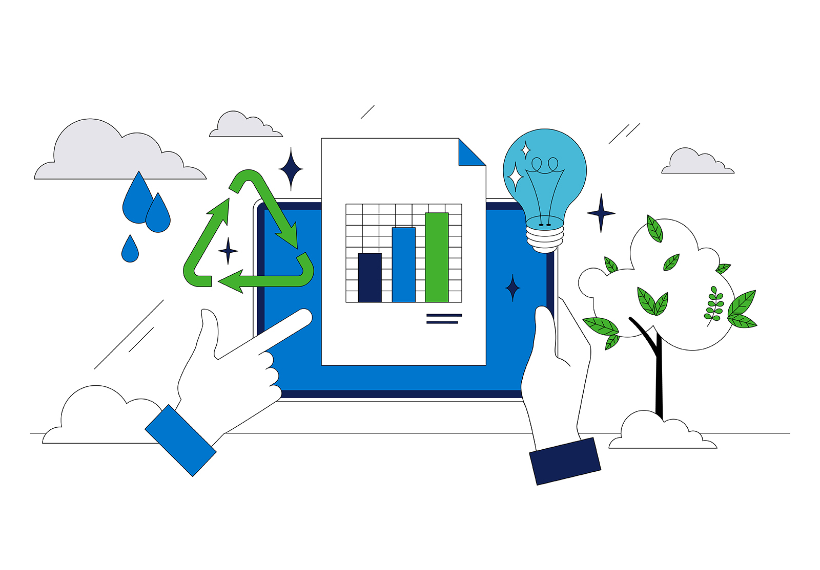 Sustainability reporting and environmental strategy image concept, with different icons.