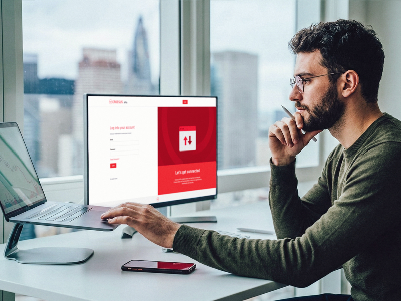 Man around a work desk working on this computer